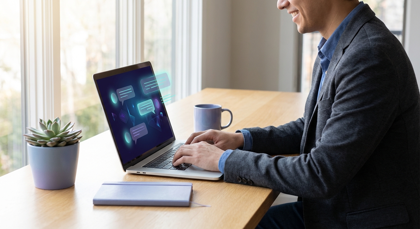 Professional using Microsoft Copilot AI assistant on laptop in Connecticut office