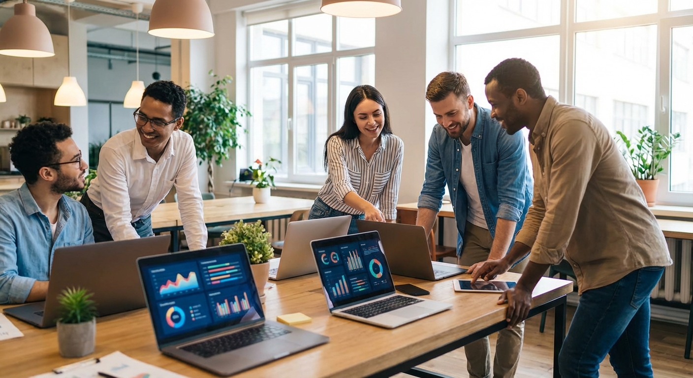 Team of professionals collaborating using AI tools in a modern Connecticut office