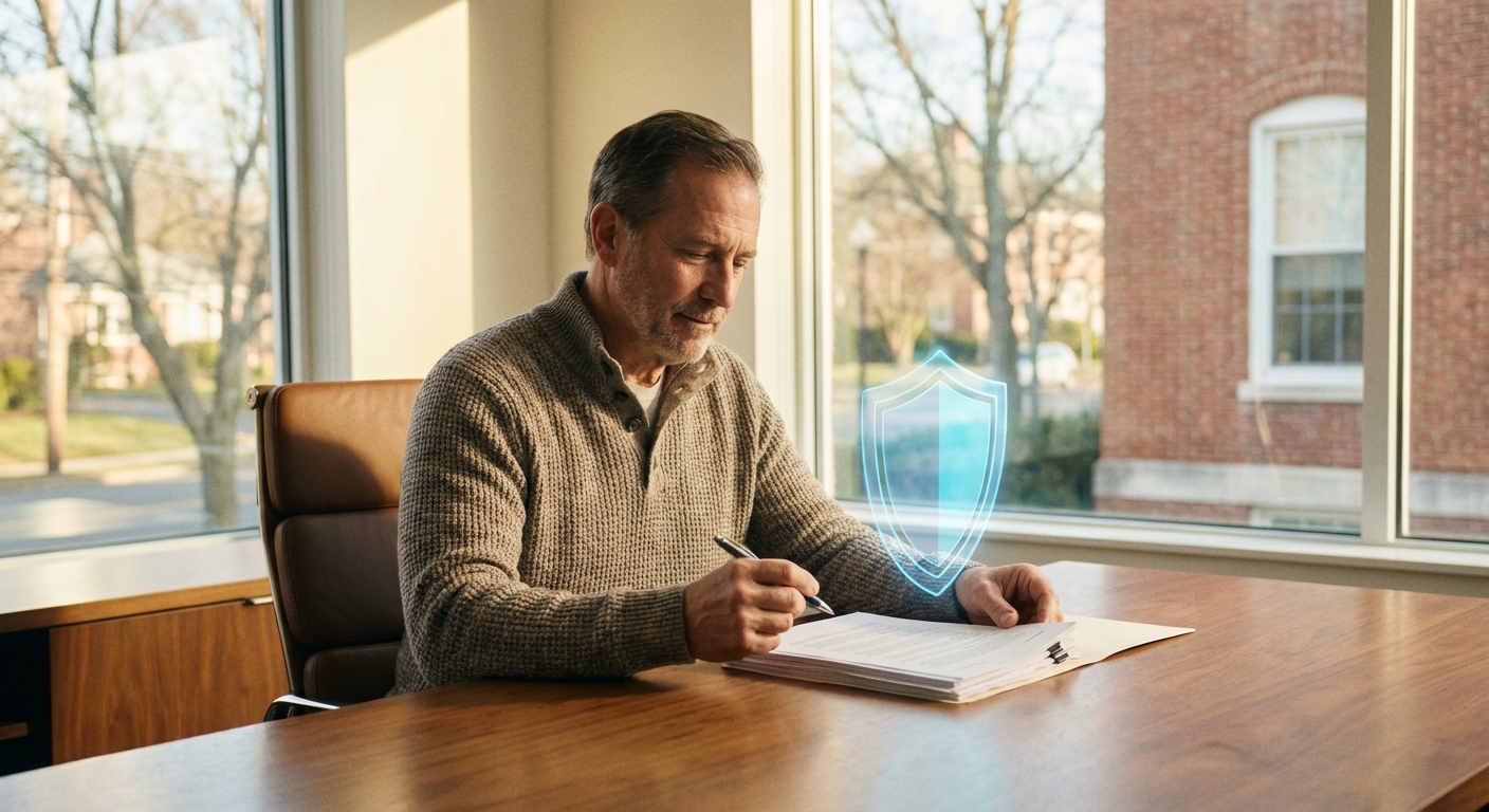 Business owner reviewing cyber insurance policy documents in a Connecticut office