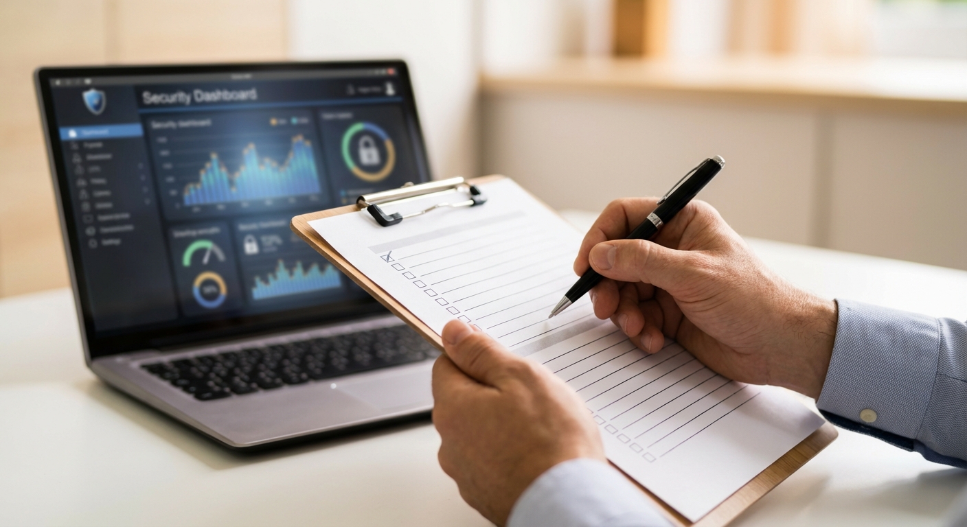 Business owner reviewing cyber insurance checklist and security policy requirements